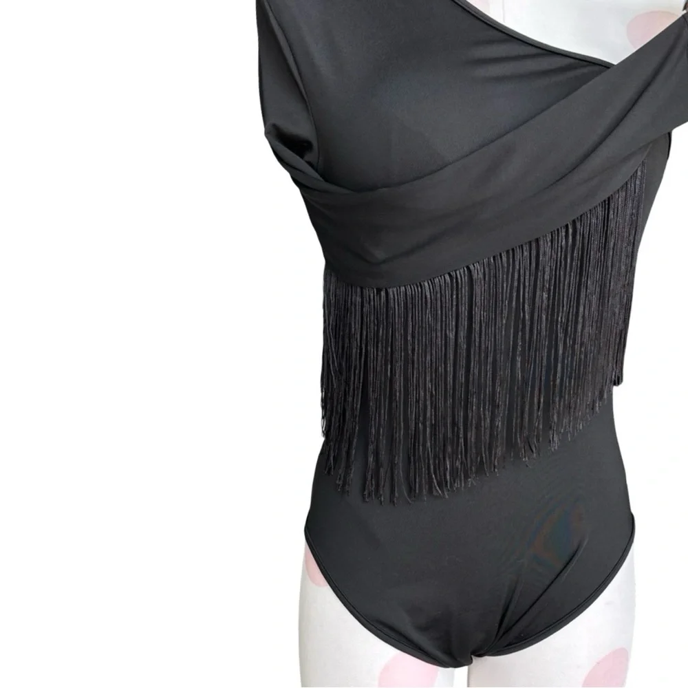 One-shoulder fringe bodysuit - black - small